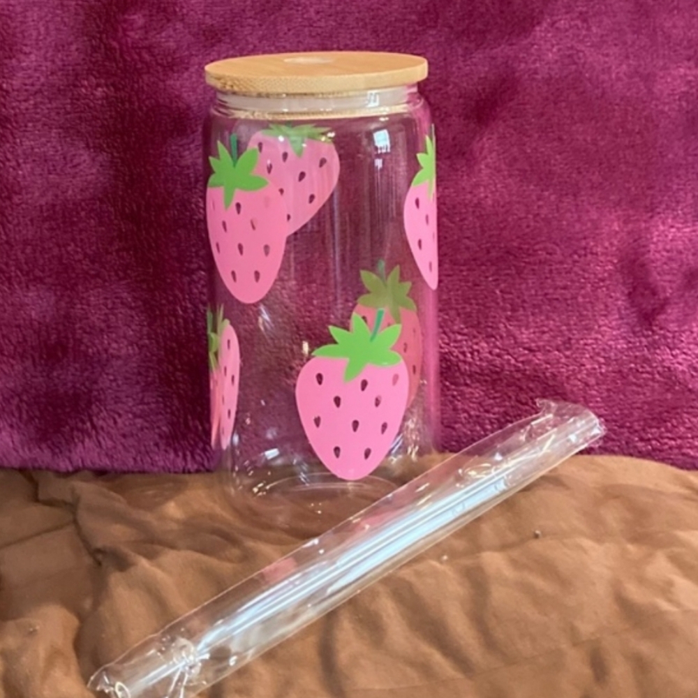 New Glass Can Cups Decorated with Pink Strawberries, Includes Lid & Straw